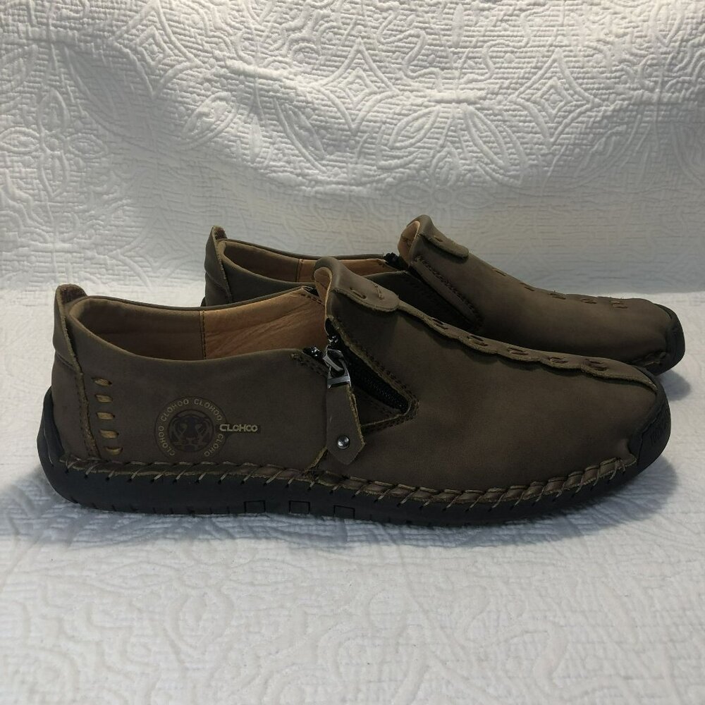 Clohoo Mens Casual Slip-On Leather Loafers Side Zipper Handcrafted Stitching 47
